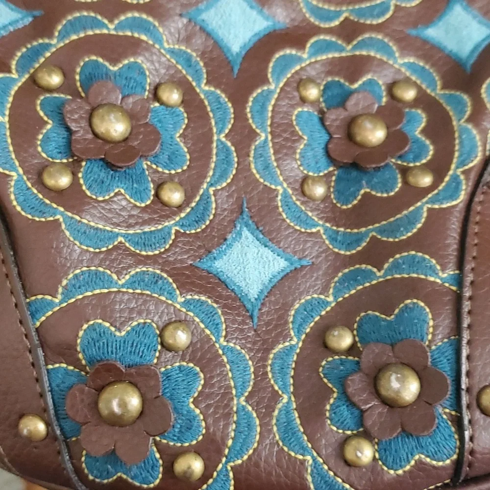 Vintage Brown Hobo Purse with‎ Turquoise Floral Embroidered Cutouts and Studs